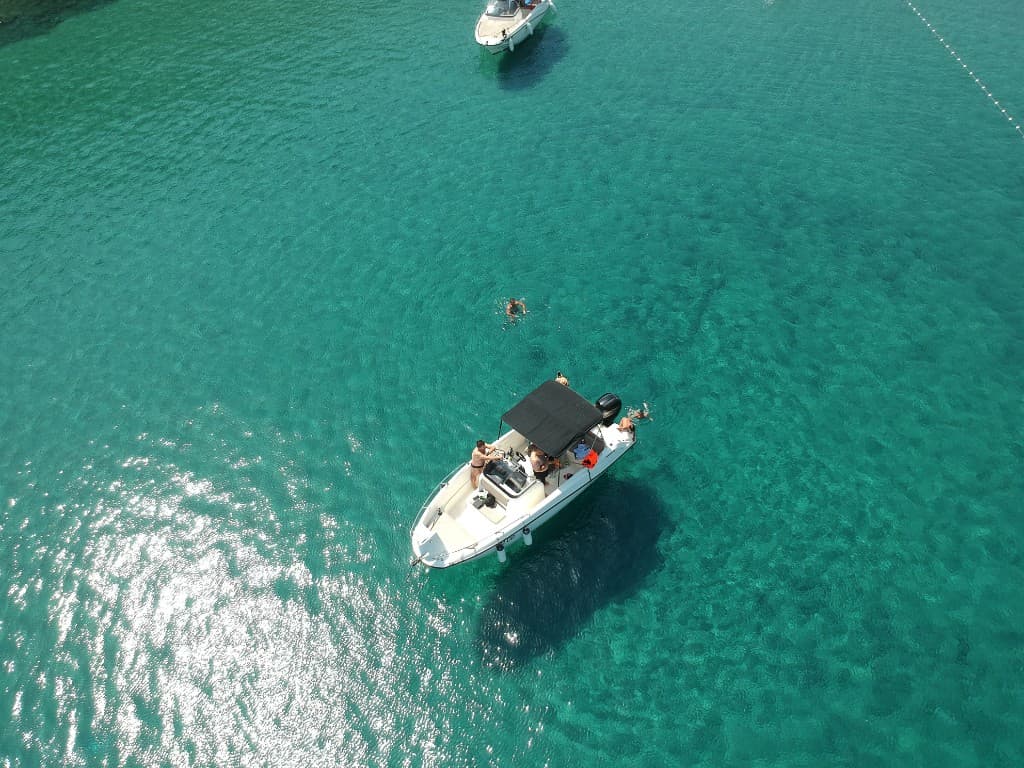 Guests swimming near a private speedboat on tour