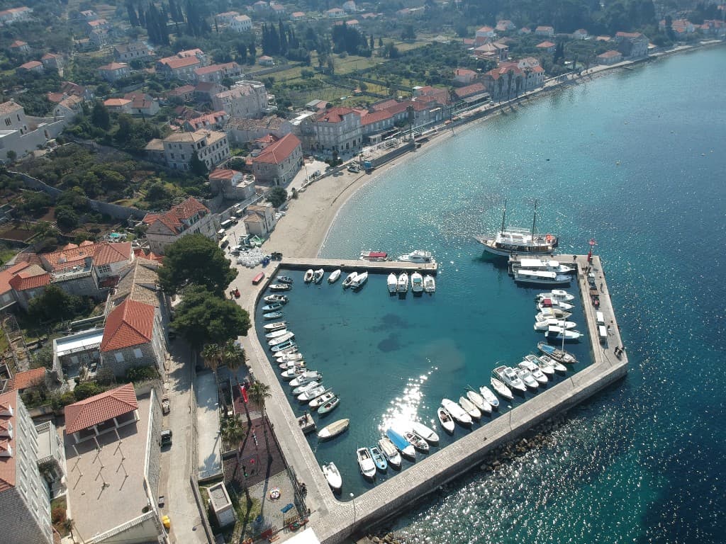 Aerial view of an Elafiti Islands harbor village